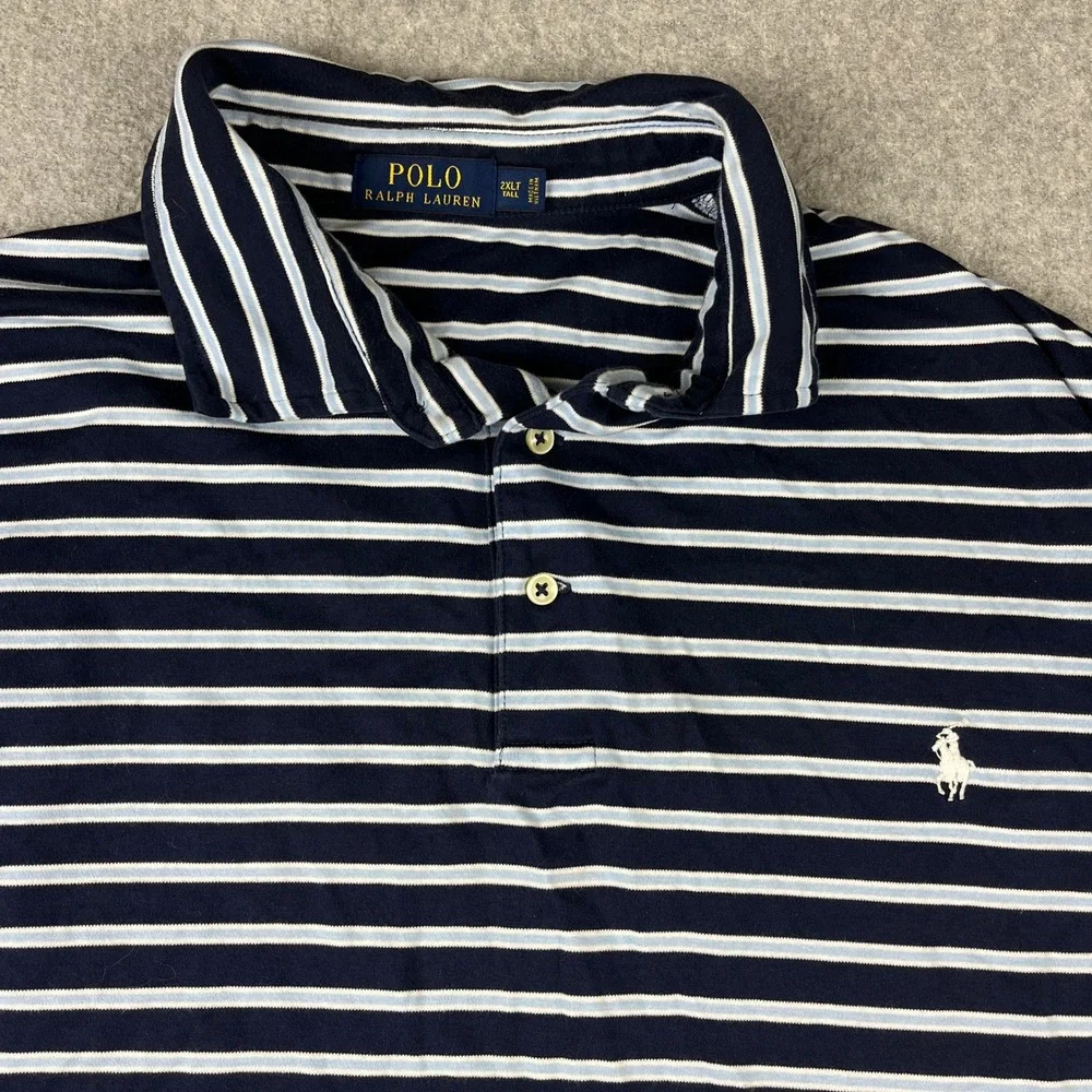 Polo Ralph Lauren Polo Shirt Mens 2XLT Navy Blue Striped Short Sleeve Pony Logo
